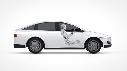 Driverless car or autonomous car with white ev car or electric vehicle with cyborg