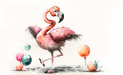Cute flamingo on beach. Illustration. Post processed AI generated image.