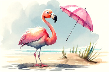 Cute flamingo on beach. Illustration. Post processed AI generated image.