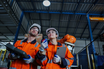 Mechanic engineer man and woman holding walkie-talkie radios, remote control and tablet checking quality system of machines before use. Service programming machinery at factory industry.