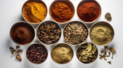 Various spices in a bowls on white background. generative ai