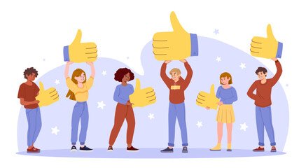 People take like. Men and women hold hands up with thumbs up. Ranking and rating, evaluation of content, goods and services. Reactions and feedback, user opinions. Cartoon flat vector illustration