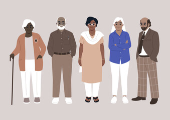 A diverse group of senior adult friends gathered together, a full length portrait, a retirement age