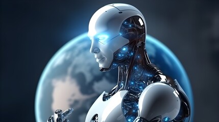 AI Robot with Earth in the background - World Technology Security System and Business Industry Concepts
