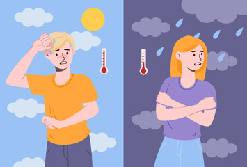 Rain girl and sun boy. People suffer from wet and cold and hot weather. Man in summer and woman in autumn with thermometer. Temperature comparison. Cartoon flat vector illustration