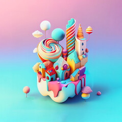 3-d rendering of an isometric cute candy town island for birthday, valentine, celebrations, candy shop, landing pages, social media. Generative AI digitally edited by hand.