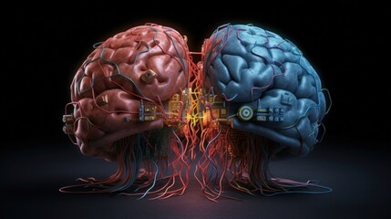 Brain split in half, biological brain, computer components. Generative AI