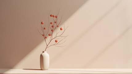 Zen-Inspired Still Life with Clay-Like Bottle and Red-Berried Branch