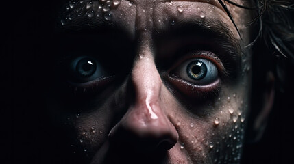 Expression of a scared man with sweat on his face, close-up.