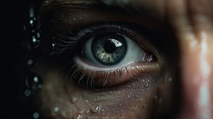 A close-up of a person's eye with drops of water over it.