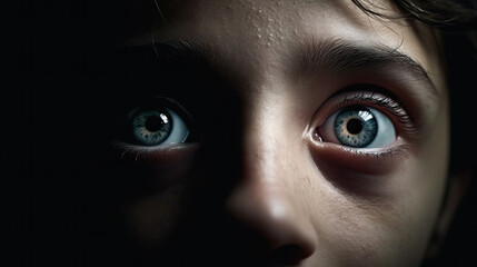 Close-up of a boy's watchful and frightened eyes are shown on the screen.