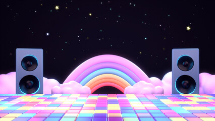 3d rendered cartoon disco floor with rainbow, clouds, and speakers.