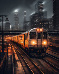Fototapeta premium Above ground subway at night with cityscape in background. Generative AI