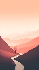Pastel Mountain Landscape with River and Solitary Tree in 9:16 Format, ai generated