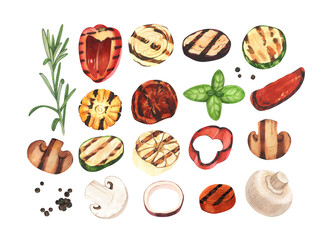 Watercolor grilled vegetable barbecue: pepper, tomato, zucchini, mushrooms, rosemary and corn for cooking bbq. Hand-drawn illustration isolated on white background. Perfect for menu cafe, restaurant