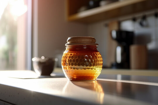Glass jar filled with honey on kitchen counter. Generative AI illustration
