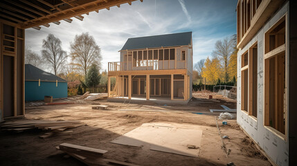 Fototapeta premium A house under construction, exit to a backyard. Generative AI