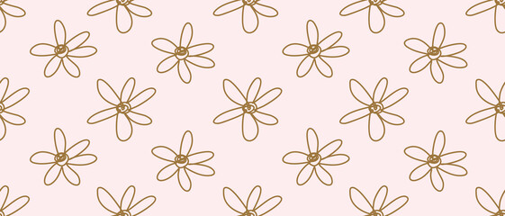 Hand Drawn Irregular Floral Seamless Vector Pattern. Freehand Gold Daisy Flowers Isolated on a Light Pink Background. Simple Abstract Garden Repeatable Design. Floral Endless Print ideal for Fabric.