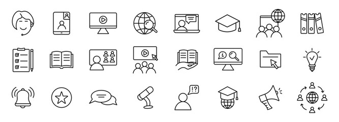 Electronic learning icons. Line icons of Online education. Distance learning. Vector illustration.