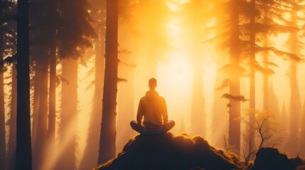 Meditation in the sunset, forest spirituality