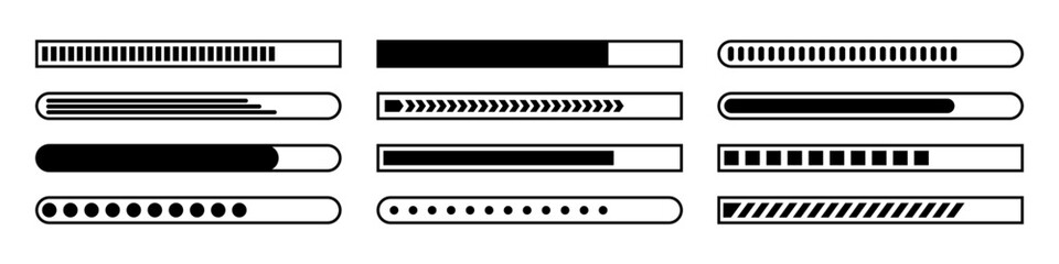 Loading bar black icons set. Progress bar loading for design and applications. Vector illustration isolated on white background.