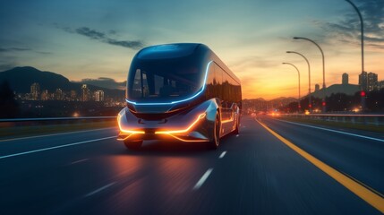 Futuristic double-decker bus. The concept of autonomous transportation. Generative AI