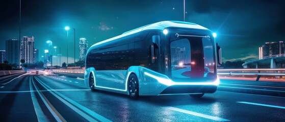 Fototapeta premium Futuristic double-decker bus. The concept of autonomous transportation. Generative AI
