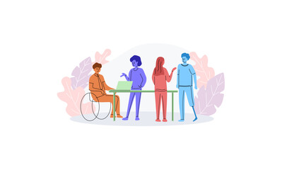 Adaptation of people with disabilities. The concept of inclusion, diversity and equality. A man in a wheelchair and a man with a prosthetic leg work in an office
