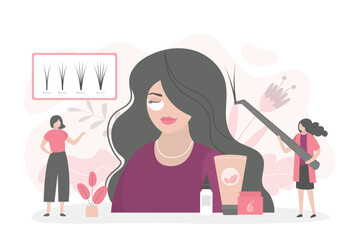 Woman client in beauty salon. Lash making cosmetic procedure. Fake eye lashes making treatment, beauty applying false lash, brow lamination procedure. Fashion, small business.