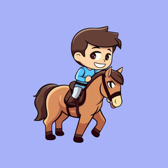 Cartoonish Vector Graphic, Flat Style Illustration of a Child Riding a Horse in a Horse Racing Competition