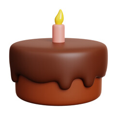 Birthday chocolate cake with candle. Fast food meal and dessert icon isolated. 3D Rendering