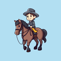 Fototapeta na wymiar Cheerful Cartoon Vector Icon, Little Boy/Girl Riding a Horse in a Flat Design
