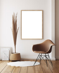 Frame mockup with chair and plant on off-white wall
