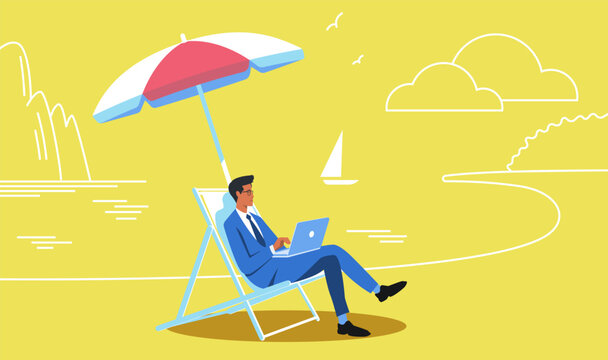 Man in suit working on laptop at the beach. Freelance, vacation, working on holidays concept. Flat vector illustration.  