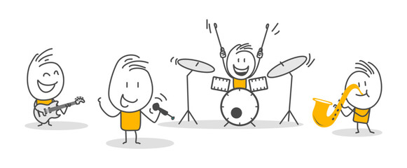 Stick figures. music, celebration, party, cocktail. Isolated on white background. Hand drawn Doodle Line Art Cartoon Design character.