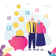 Money flow, gold coins falls in piggy bank. Happy elderly people with big profit. Love old couple have profit from bank deposits, passive income. Retirement fund,