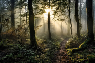 Obraz premium morning in the woods with fog generative ai