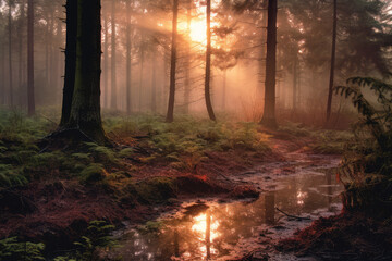 sunrise in the forest with mist generative ai