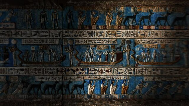 Light spot moving on hieroglyphic carvings and paintings on the interior walls of an ancient egyptian temple, 4k