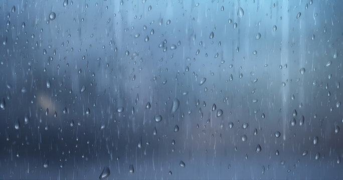 Rain drops on window surface. Rainy drops on windowpane over blurred city view. Wet grey glass backgound. Generated by artificial intelligence. AI texture