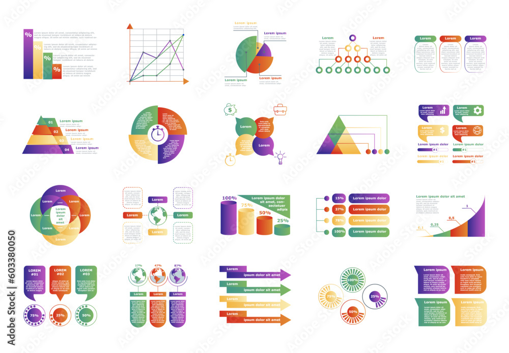 Poster set of infographics. collection of colorful graphs, charts and diagrams. statistics and data visuali