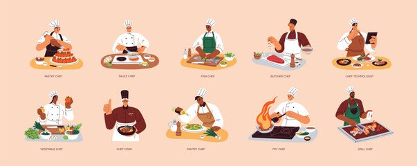 Chef cooks at work. Professional culinary workers cooking gourmet dishes, different food types, meat, fish, vegetables, sauces at restaurant kitchen. Isolated flat graphic vector illustrations