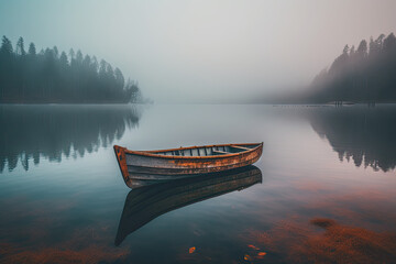 a wooden boat on the foggy lake. Generative AI