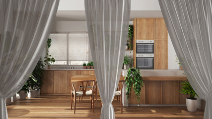 White openings curtains overlay dining room and kitchen, interior design background, clipping path, vertical folds, soft tulle textile texture, stage concept with copy space