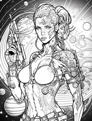 Intergalactic Mercenary with a Gun and Alien Planets in the Background | Adult Coloring Page | Generative AI