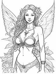 Sensual Fairy with Wings, Adult Coloring Page. Generative AI