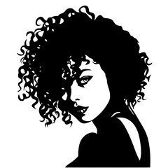 Black Silhouette of a Curly-Haired Girl, Isolated on Transparent Background. Generative AI