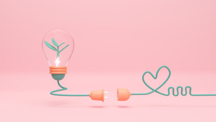Light bulb and green seedlings with power plug. Environmentally friendly sources of energy on green background. Sustainable development,ecology and environment protect, 3d rendering illustration