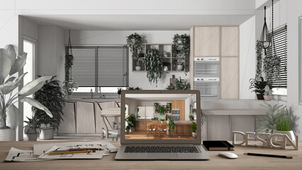 Architect designer desktop concept, laptop on wooden work desk with screen showing interior design project, blueprint draft background, modern kitchen with dining table