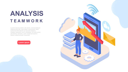 IT company concept. Woman stands against background of graphs and charts. Analyst showing presentation and infographic. Landing page with analysis teamwork. Cartoon isometric vector illustration